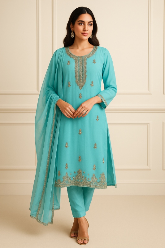 Aqua Blue Silk Handmade Cora Dabka Work Dress