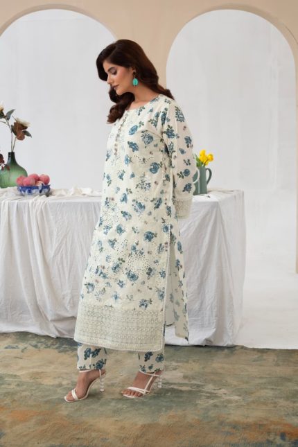 Cambric Cotton Embroided 3piece blue flower