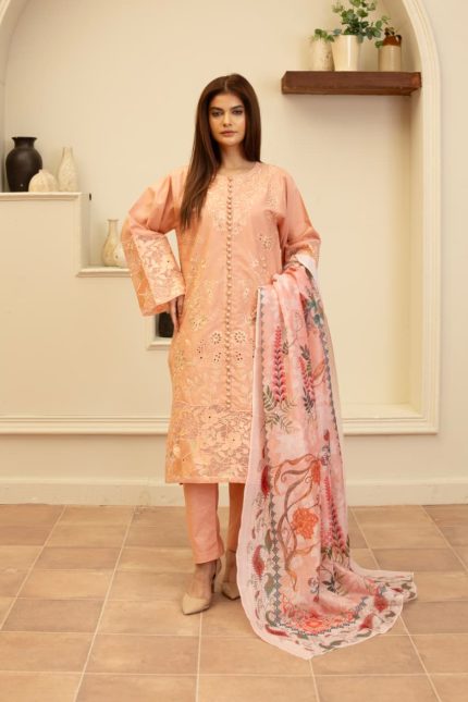 Peach Cambric Cotton Embroidered 3-Piece Suit