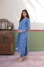 Blue Cambric Cotton 3-Piece Embroidered Suit