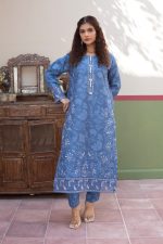 Blue Cambric Cotton 3-Piece Embroidered Suit