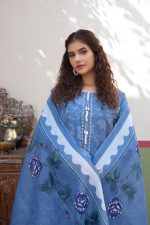 Blue Cambric Cotton 3-Piece Embroidered Suit