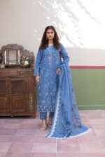 Blue Cambric Cotton 3-Piece Embroidered Suit