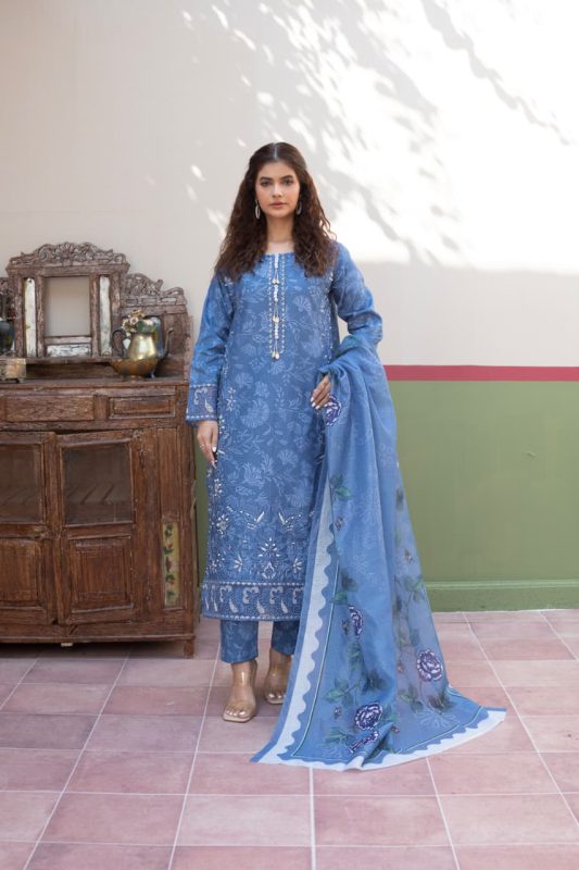 Blue Cambric Cotton 3-Piece Embroidered Suit