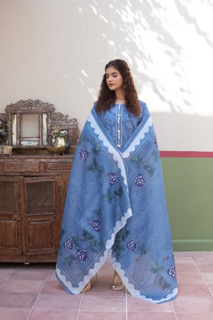 Blue Cambric Cotton 3-Piece Embroidered Suit