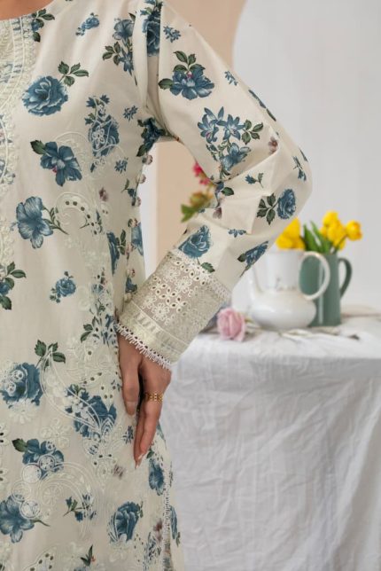 Off-White Floral Cambric Cotton 3-Piece Embroidered Suit