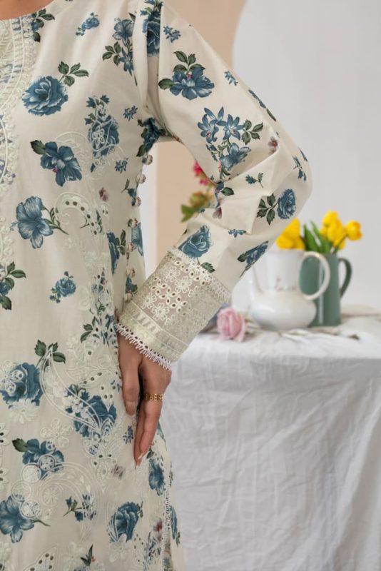Off-White Floral Cambric Cotton 3-Piece Embroidered Suit