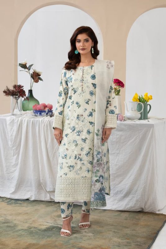 Off-White Floral Cambric Cotton 3-Piece Embroidered Suit