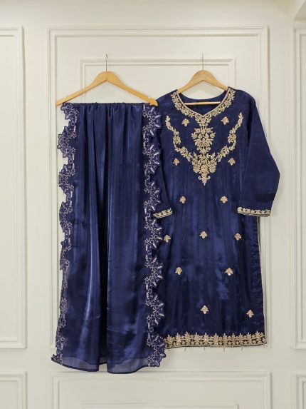 Royal Blue Handmade Embroidered 3-Piece Silk Dress