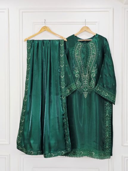 emerald green silk embroidered 3-piece