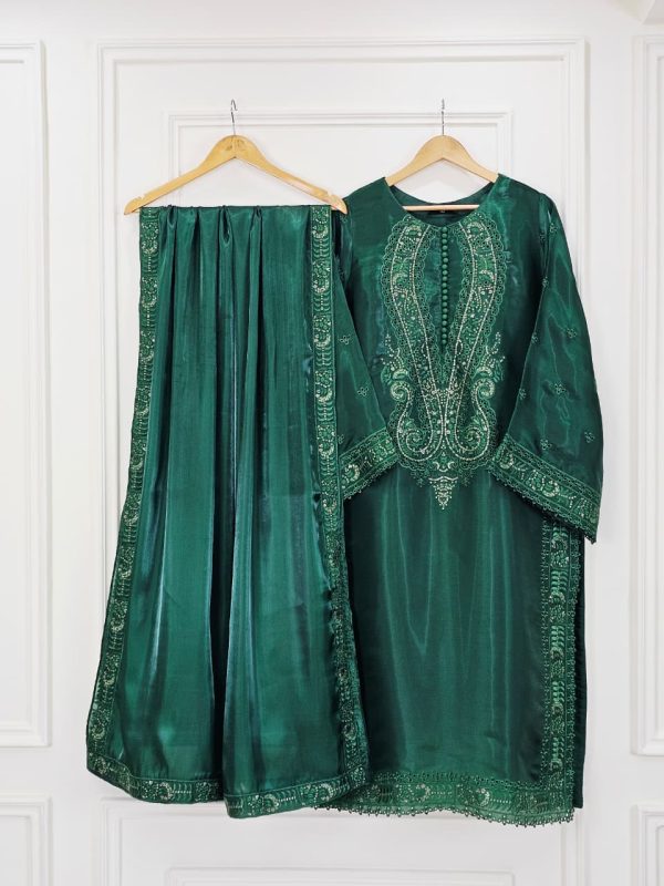 emerald green silk embroidered 3-piece