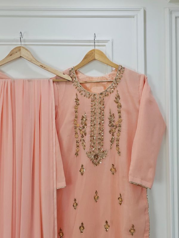 Peach Silk Handmade Cora Dabka Work Dress