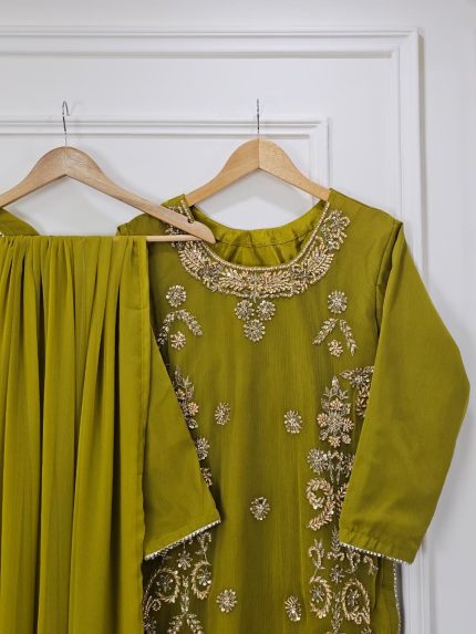 Olive Silk Cora Dabka Embroidered Dress – Handmade