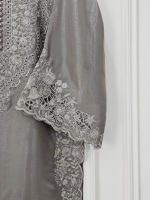 Ash Grey Silk Embroidered 3-Piece Dress