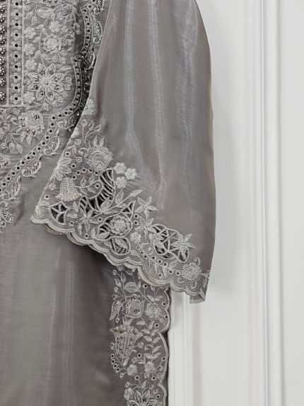 Ash Grey Silk Embroidered 3-Piece Dress