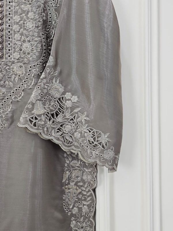 Ash Grey Silk Embroidered 3-Piece Dress