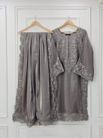Ash Grey Silk Embroidered 3-Piece Dress