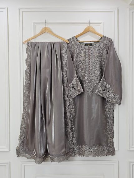 Ash Grey Silk Embroidered 3-Piece Dress