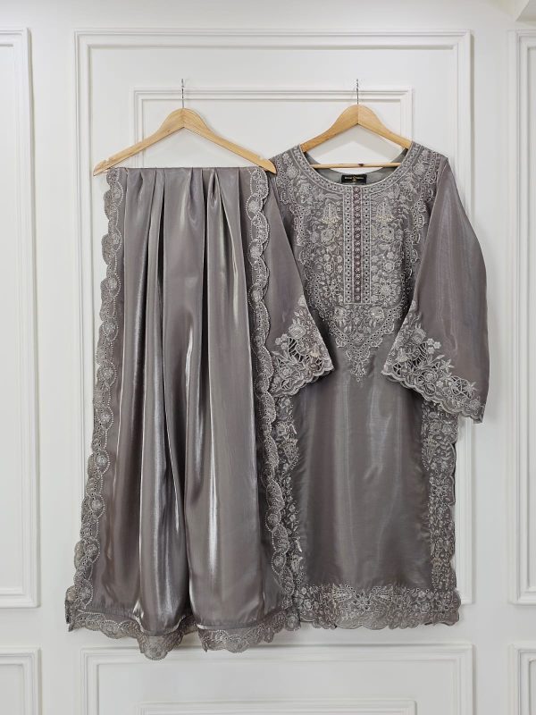 Ash Grey Silk Embroidered 3-Piece Dress