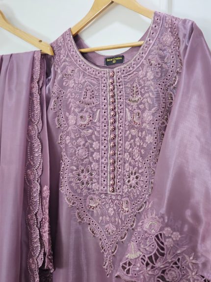 Mauve Silk Embroidered Dress Handmade Luxury