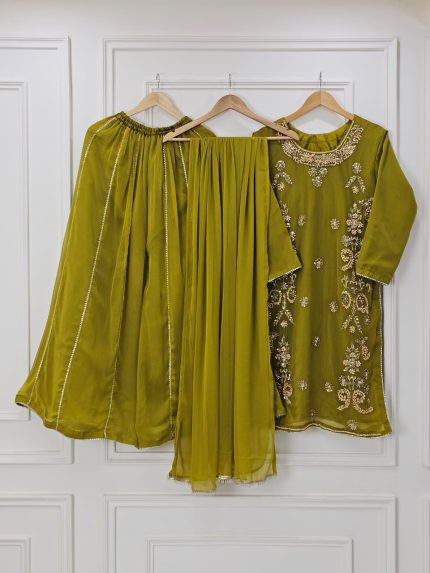 Olive Silk Cora Dabka Embroidered Dress – Handmade