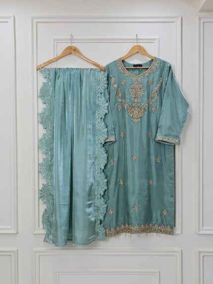 Aqua Blue Silk Cora Dabka Embroidered Dress – Handmade Luxury