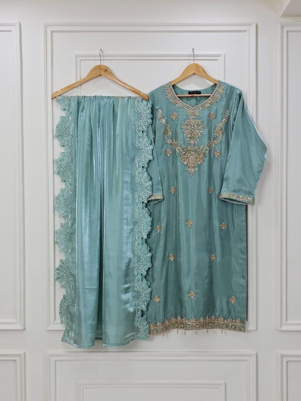 Aqua Blue Silk Cora Dabka Embroidered Dress – Handmade Luxury