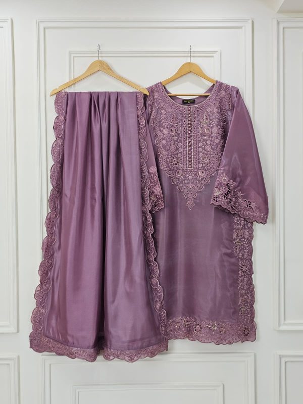 Mauve Silk Embroidered Dress Handmade Luxury