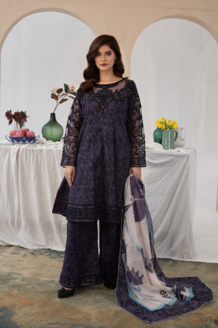 Cambric Cotton Embroidered 3-Piece Blue frock