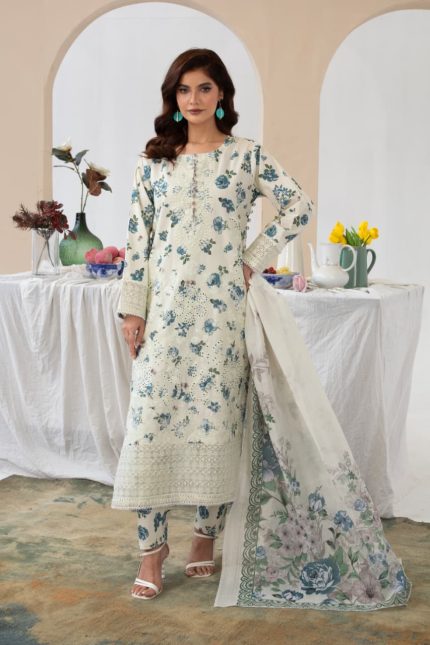 Cambric Cotton Embroided 3piece blue flower