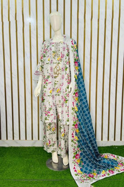 floral khaddar embroidered 3-piece