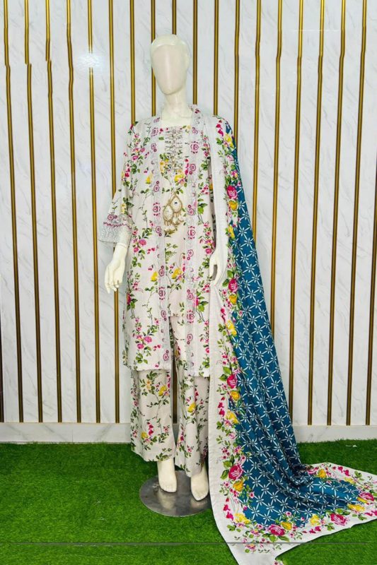 floral khaddar embroidered 3-piece