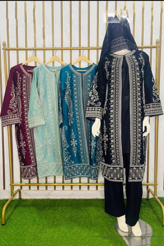 Luxury Gown Style Embroidered 3-Piece Suit