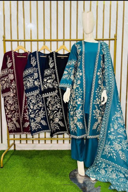 Luxury Khaddar Embroidered 3-Piece Gown Set