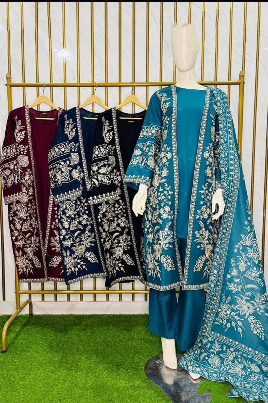 Luxury Khaddar Embroidered 3-Piece Gown Set