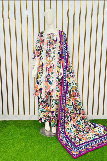 Vibrant Floral Printed Khaddar 3-Piece