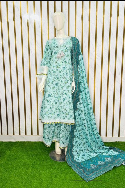 Soft Blue Floral Printed Khaddar Frock