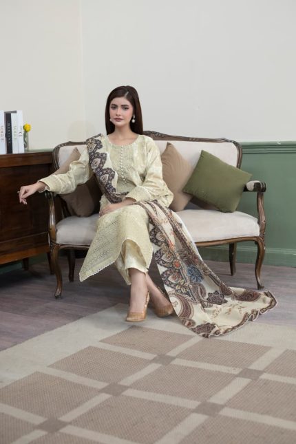 Luxury Cambric 3-Piece Embroidered Suit