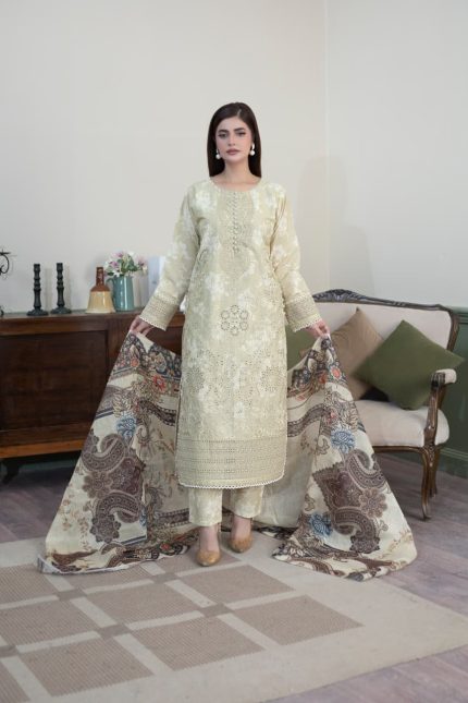 Luxury Cambric 3-Piece Embroidered Suit
