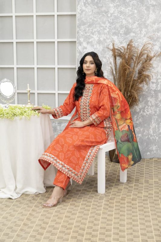 Orange Contraya Winter 3-Piece Embroidered Suit