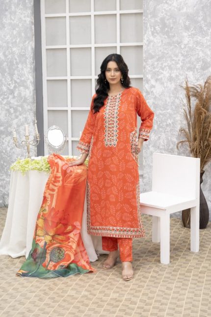 Orange Contraya Winter 3-Piece Embroidered Suit