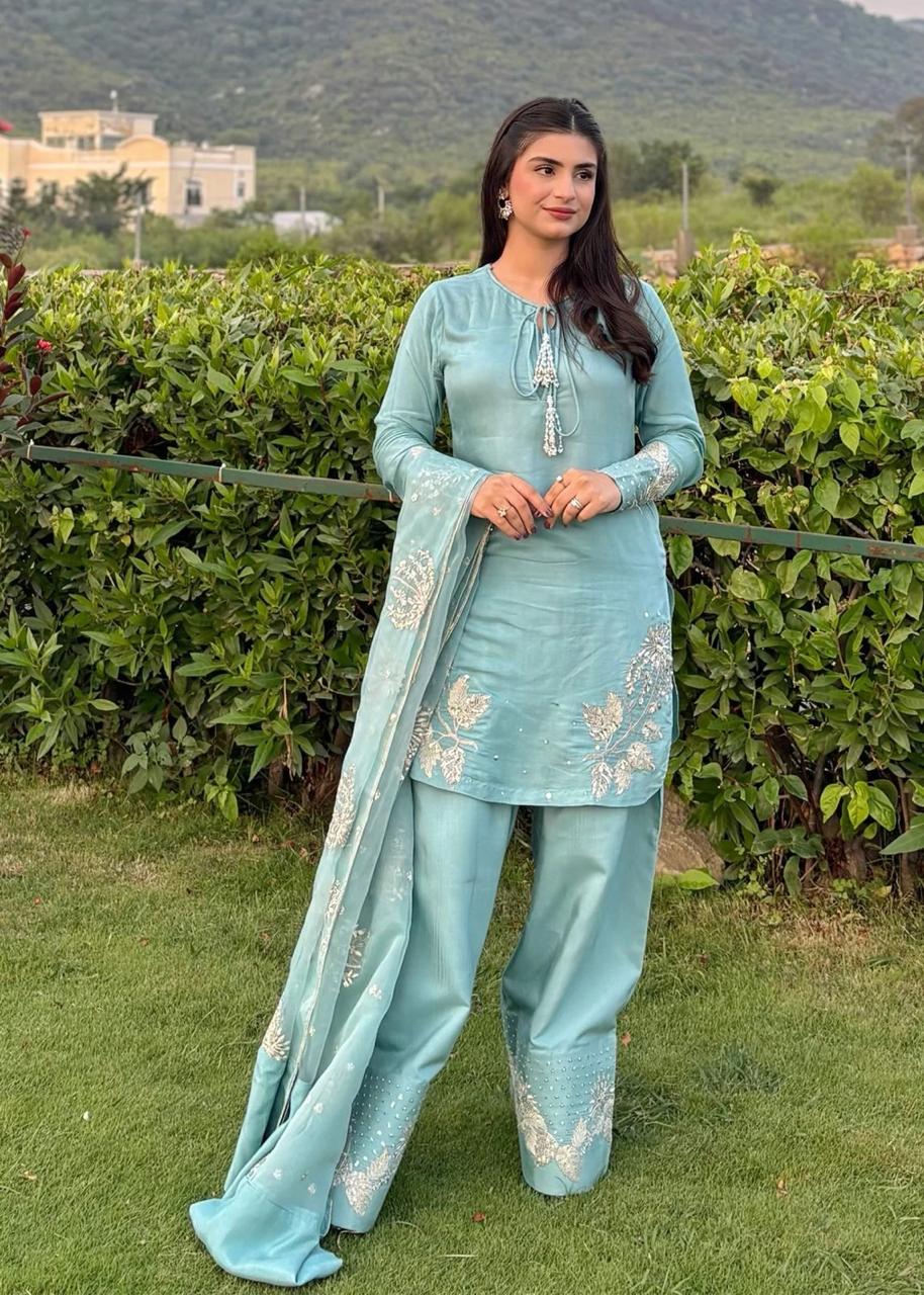 Aqua Silk Embroidered 3 Piece Suit Aqua Silk Embroidered 3 Piece Suit