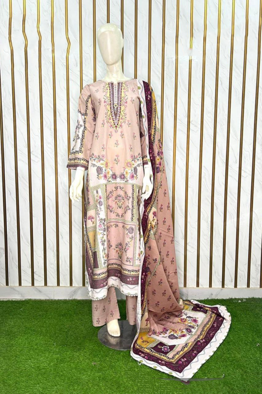 Blush Pink Printed Khaddar 3-Piece Suit