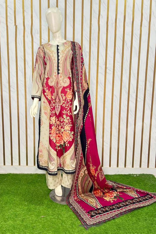 Crimson Paisley Printed Khaddar 3-Piece Suit