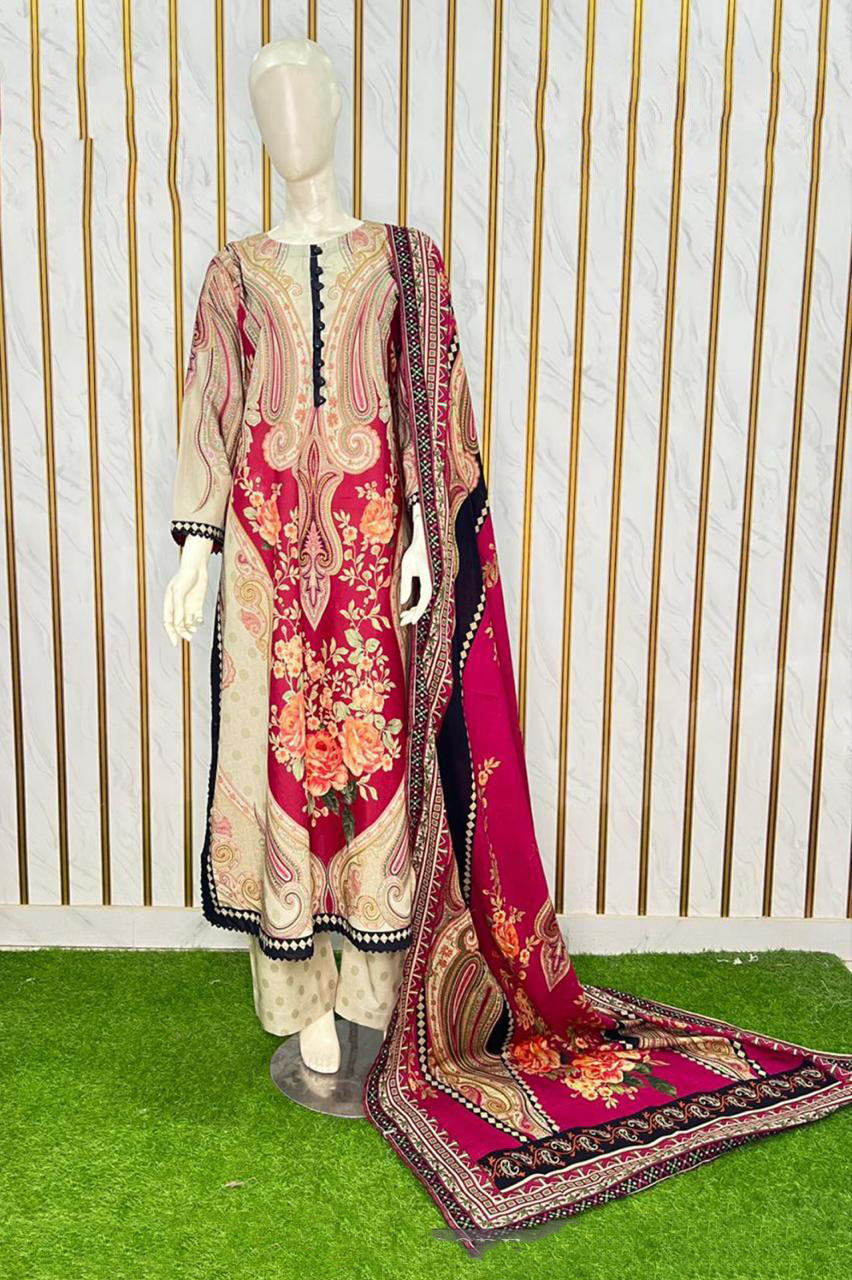 Crimson Paisley Printed Khaddar 3-Piece Suit Crimson Paisley Printed Khaddar 3-Piece Suit