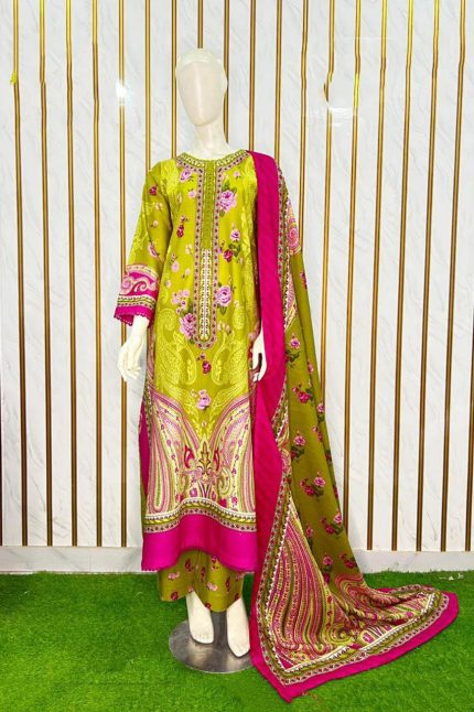 Embroidered Lime & Pink Khaddar 3-Piece Suit