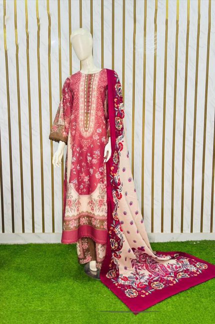 Rose Pink Floral Printed Khaddar 3-Piece Suit