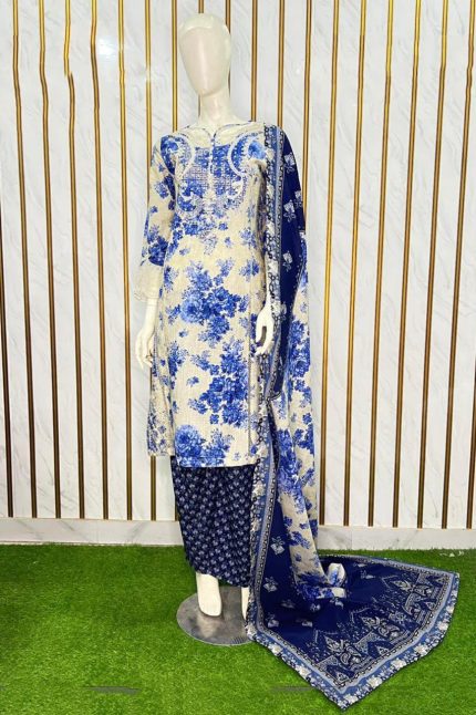 Blue Floral Printed Khaddar 3-Piece Suit
