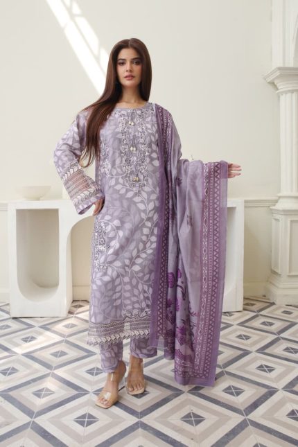 lavender cambric embroidered 3-piece suit