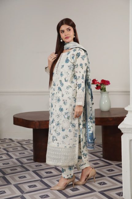 Cambric Embroidered Suit with Floral Print
